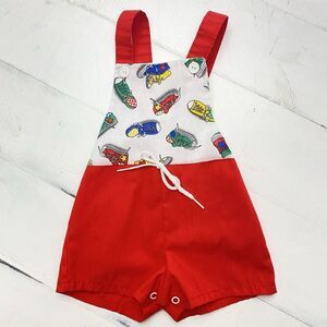 VTG Montgomery Ward Lightweight Red Shortalls Romper  12 Months Shoe Print